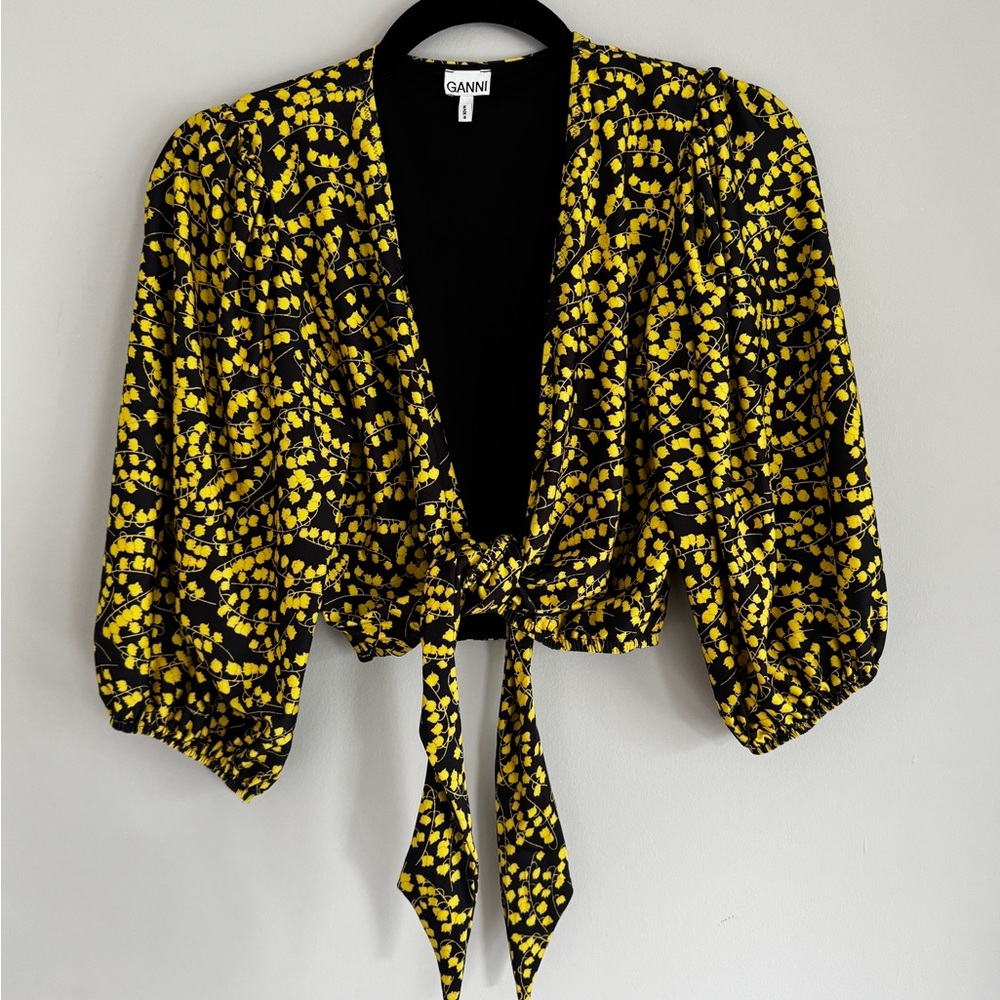 GANNI Floral Print Plunge Neckline Tie Front Cropped Top, Black/Yellow, EU 36